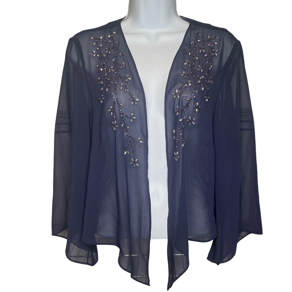 Vintage SL Fashions Womens Beaded Sheer Navy Blue Open Front Bolero Jacket Sz 18